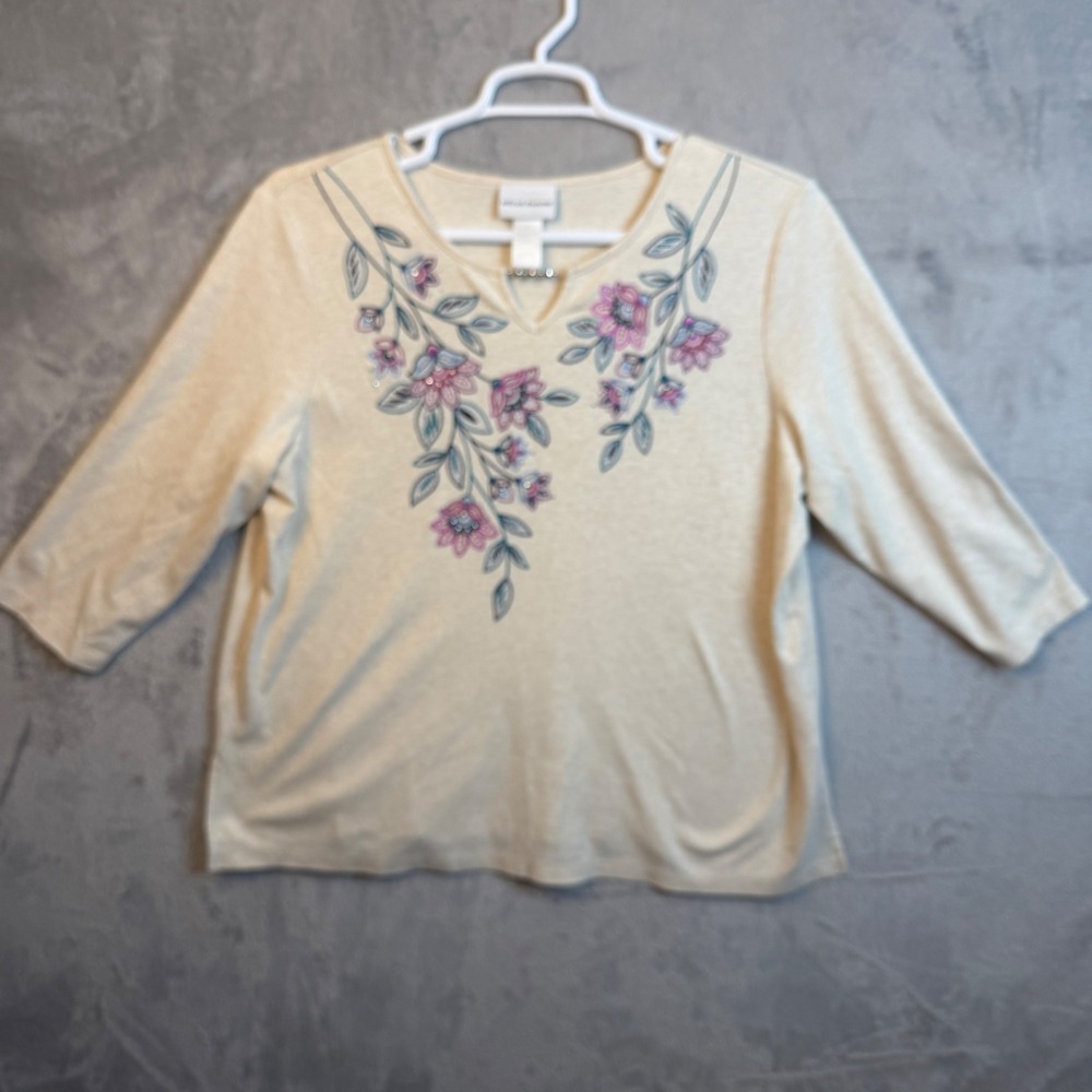 Alfred Dunner Top Women XL Floral Embroidered 3/4 Sleeve Sequin Granny Core